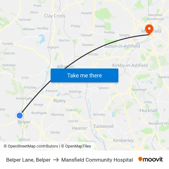 Belper Lane, Belper to Mansfield Community Hospital map