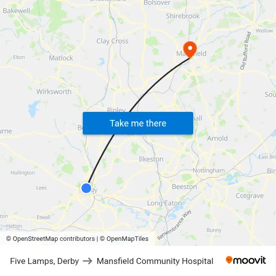 Five Lamps, Derby to Mansfield Community Hospital map
