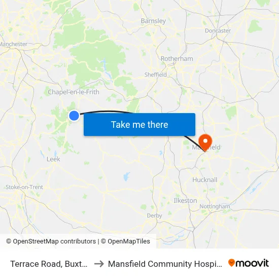 Terrace Road, Buxton to Mansfield Community Hospital map