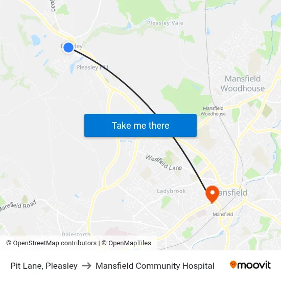 Pit Lane, Pleasley to Mansfield Community Hospital map