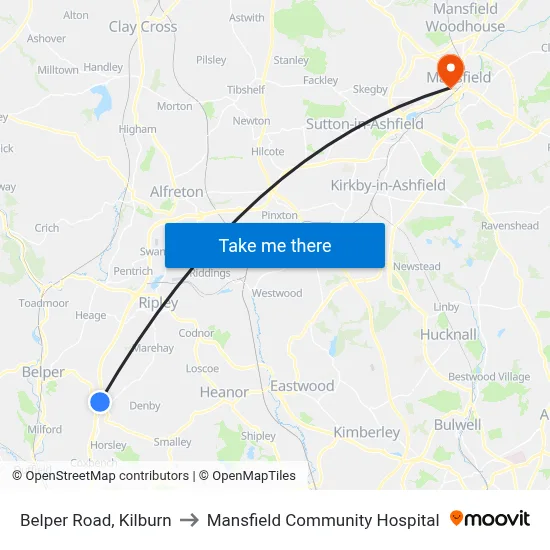 Belper Road, Kilburn to Mansfield Community Hospital map