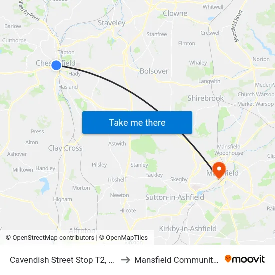 Cavendish Street Stop T2, Chesterfield to Mansfield Community Hospital map