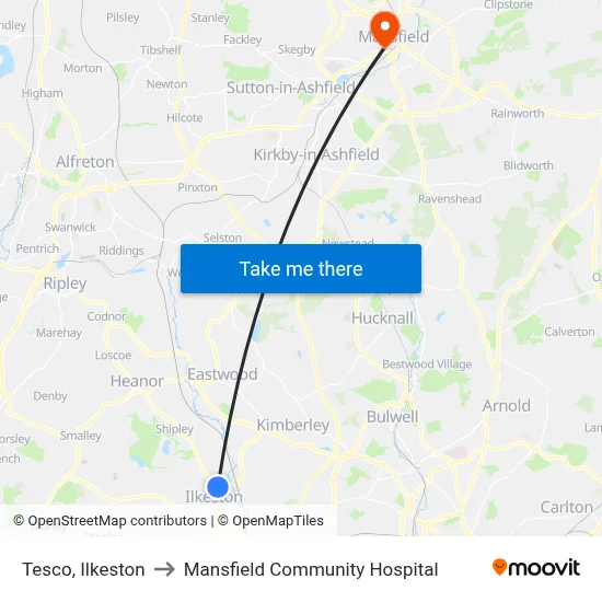 Tesco, Ilkeston to Mansfield Community Hospital map