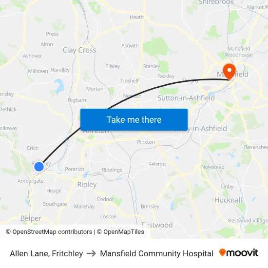 Allen Lane, Fritchley to Mansfield Community Hospital map