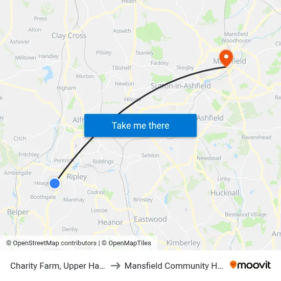 Charity Farm, Upper Hartshay to Mansfield Community Hospital map