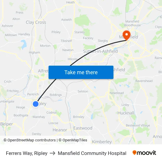 Ferrers Way, Ripley to Mansfield Community Hospital map