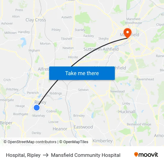 Hospital, Ripley to Mansfield Community Hospital map