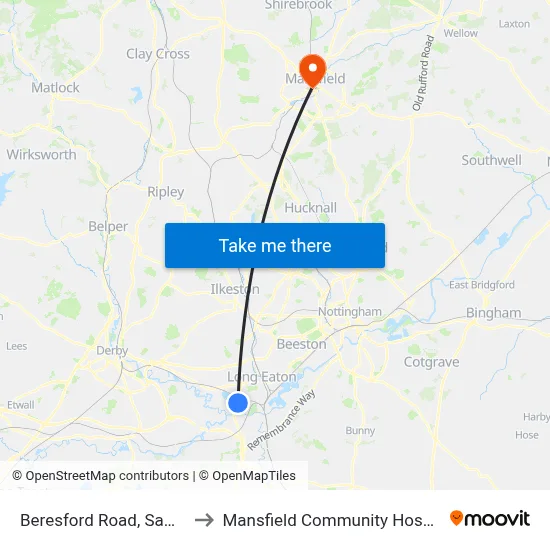 Beresford Road, Sawley to Mansfield Community Hospital map