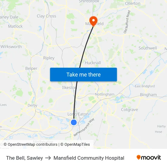 The Bell, Sawley to Mansfield Community Hospital map