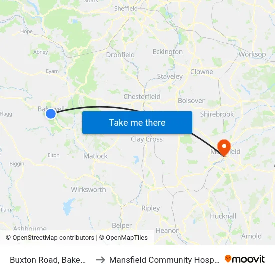 Buxton Road, Bakewell to Mansfield Community Hospital map