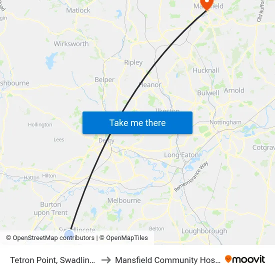 Tetron Point, Swadlincote to Mansfield Community Hospital map
