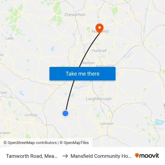 Tamworth Road, Measham to Mansfield Community Hospital map