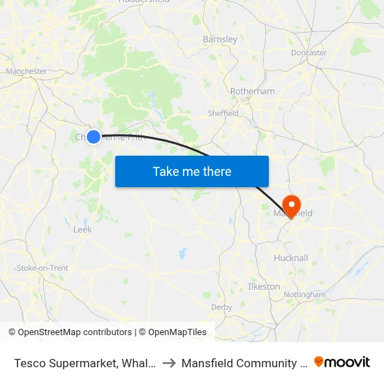 Tesco Supermarket, Whaley Bridge to Mansfield Community Hospital map