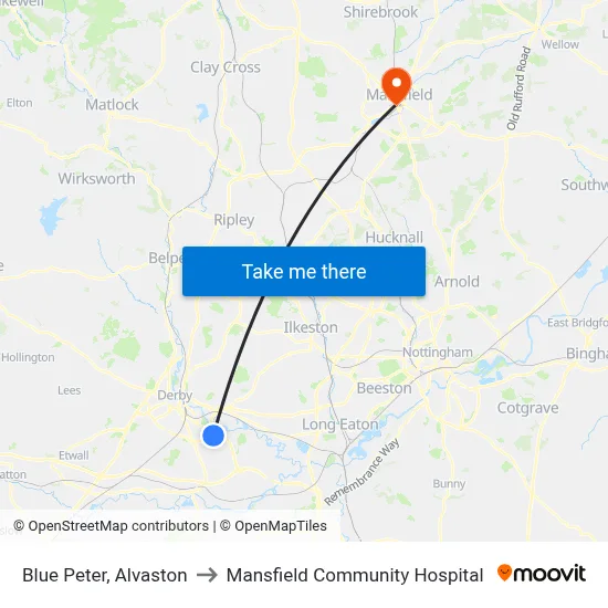 Blue Peter, Alvaston to Mansfield Community Hospital map
