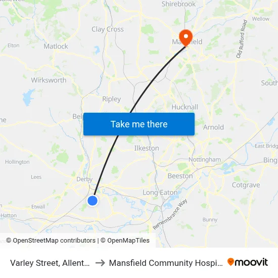 Varley Street, Allenton to Mansfield Community Hospital map