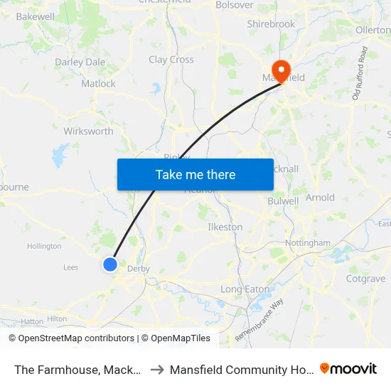 The Farmhouse, Mackworth to Mansfield Community Hospital map