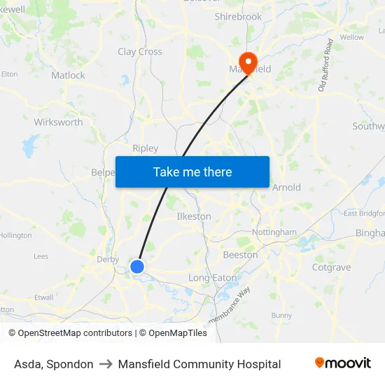 Asda, Spondon to Mansfield Community Hospital map