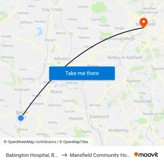 Babington Hospital, Belper to Mansfield Community Hospital map