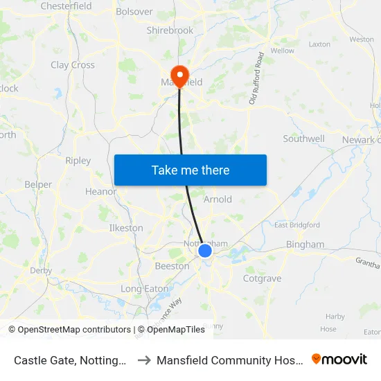 Castle Gate, Nottingham to Mansfield Community Hospital map