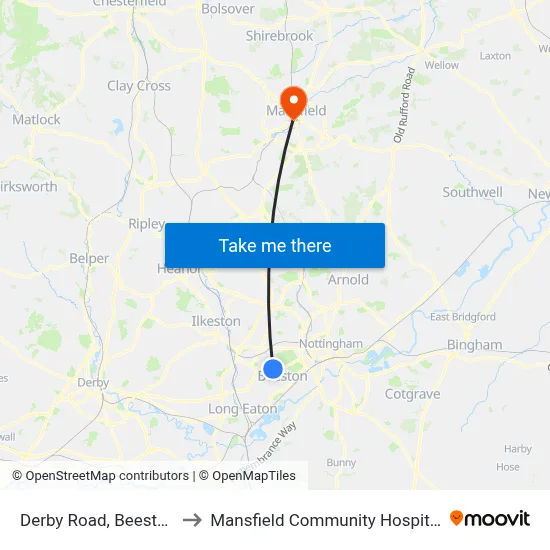 Derby Road, Beeston to Mansfield Community Hospital map