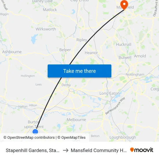Stapenhill Gardens, Stapenhill to Mansfield Community Hospital map