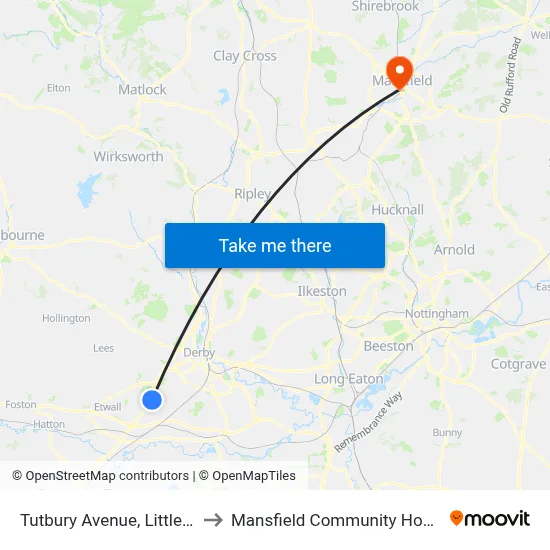 Tutbury Avenue, Littleover to Mansfield Community Hospital map