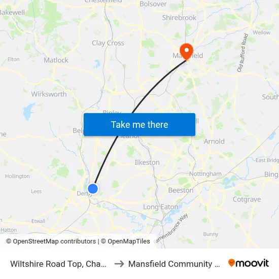 Wiltshire Road Top, Chaddesden to Mansfield Community Hospital map