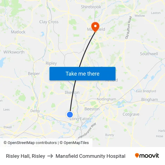 Risley Hall, Risley to Mansfield Community Hospital map