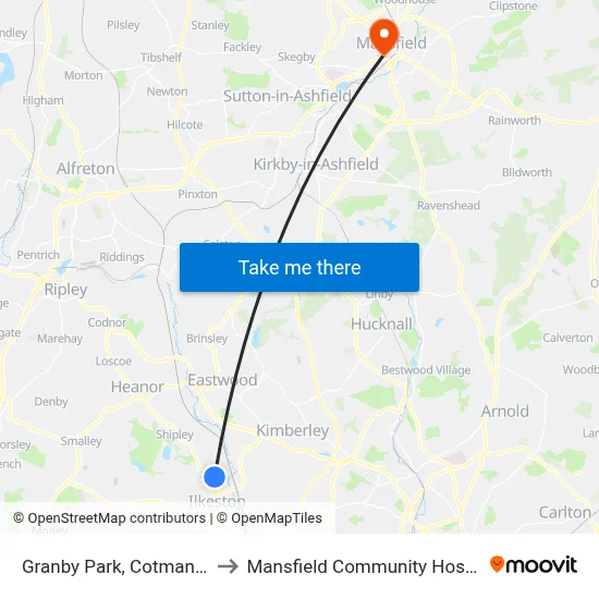 Granby Park, Cotmanhay to Mansfield Community Hospital map