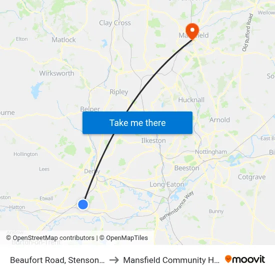 Beaufort Road, Stenson Fields to Mansfield Community Hospital map