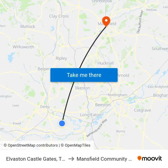 Elvaston Castle Gates, Thulston to Mansfield Community Hospital map
