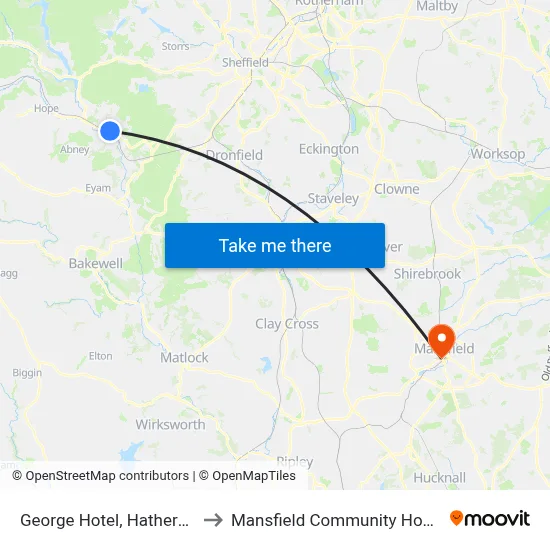 George Hotel, Hathersage to Mansfield Community Hospital map