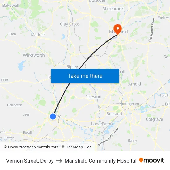Vernon Street, Derby to Mansfield Community Hospital map