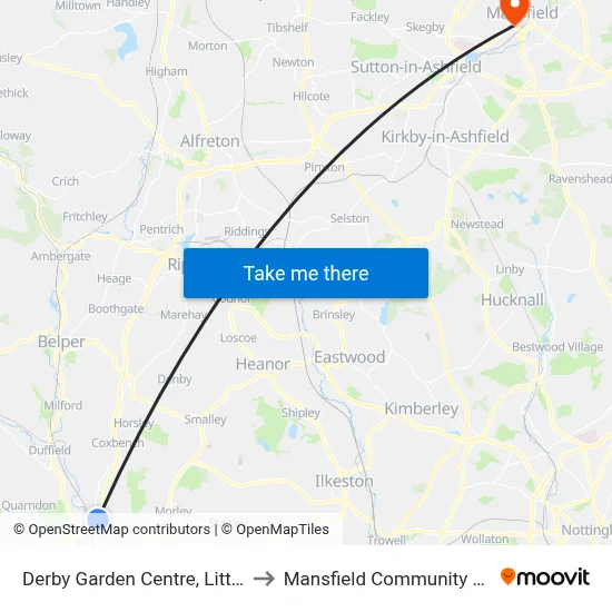 Derby Garden Centre, Little Eaton to Mansfield Community Hospital map