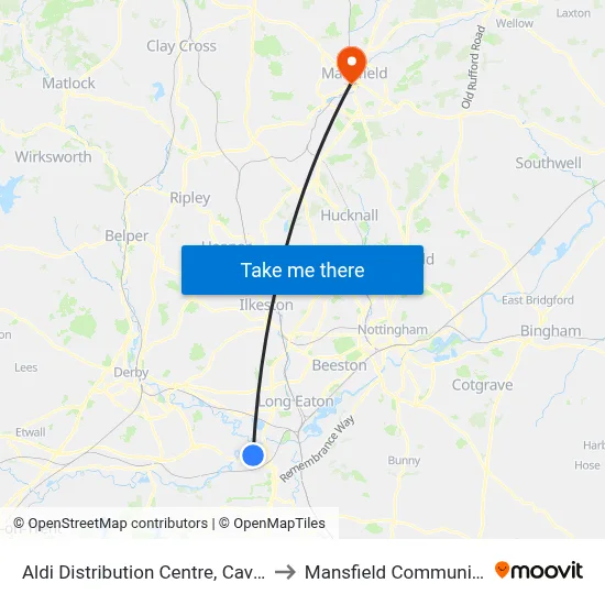 Aldi Distribution Centre, Cavendish Bridge to Mansfield Community Hospital map