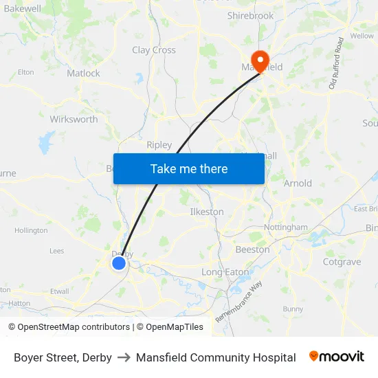 Boyer Street, Derby to Mansfield Community Hospital map