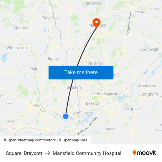 Square, Draycott to Mansfield Community Hospital map