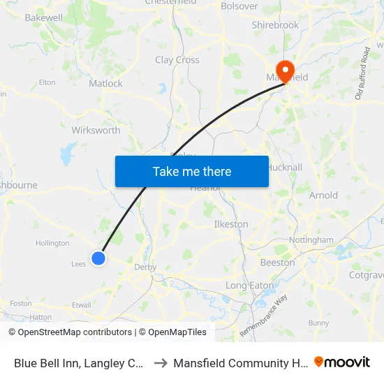 Blue Bell Inn, Langley Common to Mansfield Community Hospital map