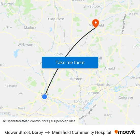 Gower Street, Derby to Mansfield Community Hospital map