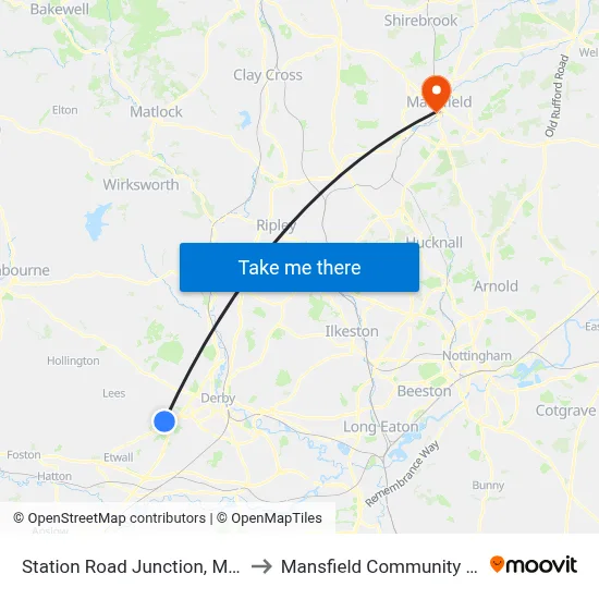 Station Road Junction, Mickleover to Mansfield Community Hospital map
