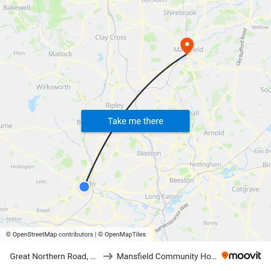 Great Northern Road, Derby to Mansfield Community Hospital map