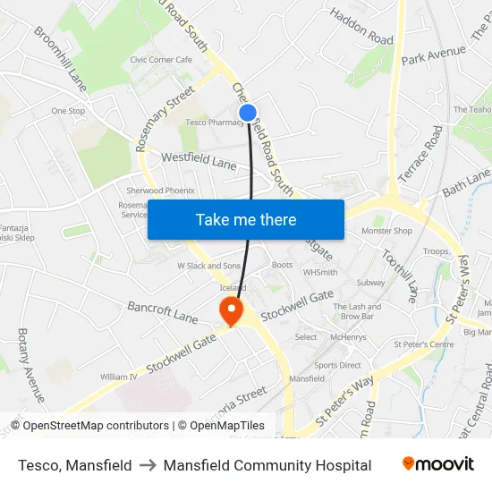 Tesco, Mansfield to Mansfield Community Hospital map