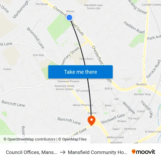 Council Offices, Mansfield to Mansfield Community Hospital map