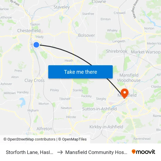 Storforth Lane, Hasland to Mansfield Community Hospital map