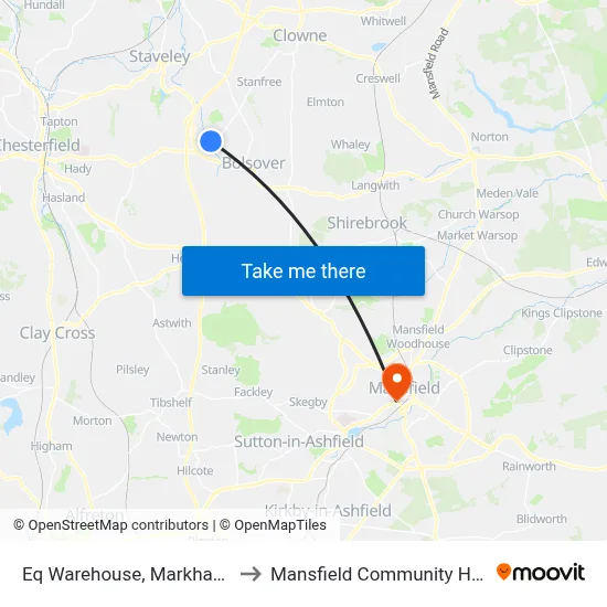 Eq Warehouse, Markham Vale to Mansfield Community Hospital map