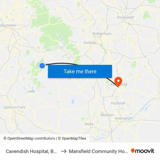 Cavendish Hospital, Buxton to Mansfield Community Hospital map