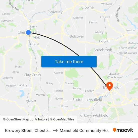 Brewery Street, Chesterfield to Mansfield Community Hospital map