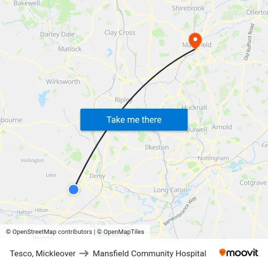 Tesco, Mickleover to Mansfield Community Hospital map