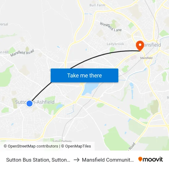 Sutton Bus Station, Sutton In Ashfield to Mansfield Community Hospital map