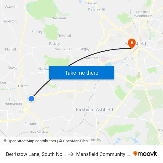 Berristow Lane, South Normanton to Mansfield Community Hospital map